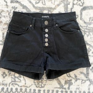Express high waisted button up black denim shorts